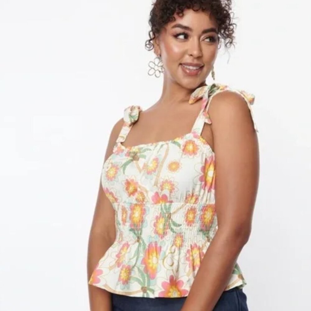 EUC/Like New Smocked Peplum Floral Barbie Sleeveless Tank Top